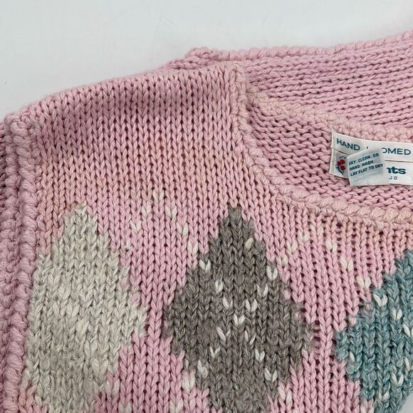 80’s Vintage hand-knit pastel pink argyle sweater-vest ramie metallic Large - Picture 10 of 12